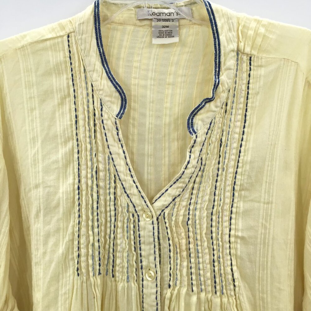 Gauzy Lemon Yellow Boho Top 32W Cotton Jacquard Embroidered Roll Tab Semi-Sheer - Picture 4 of 15